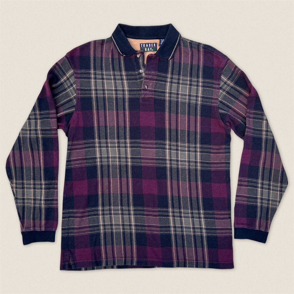 Vintage 90s Plaid Rugby Collared‎ Long Shirt Trader Bay - Size Medium
